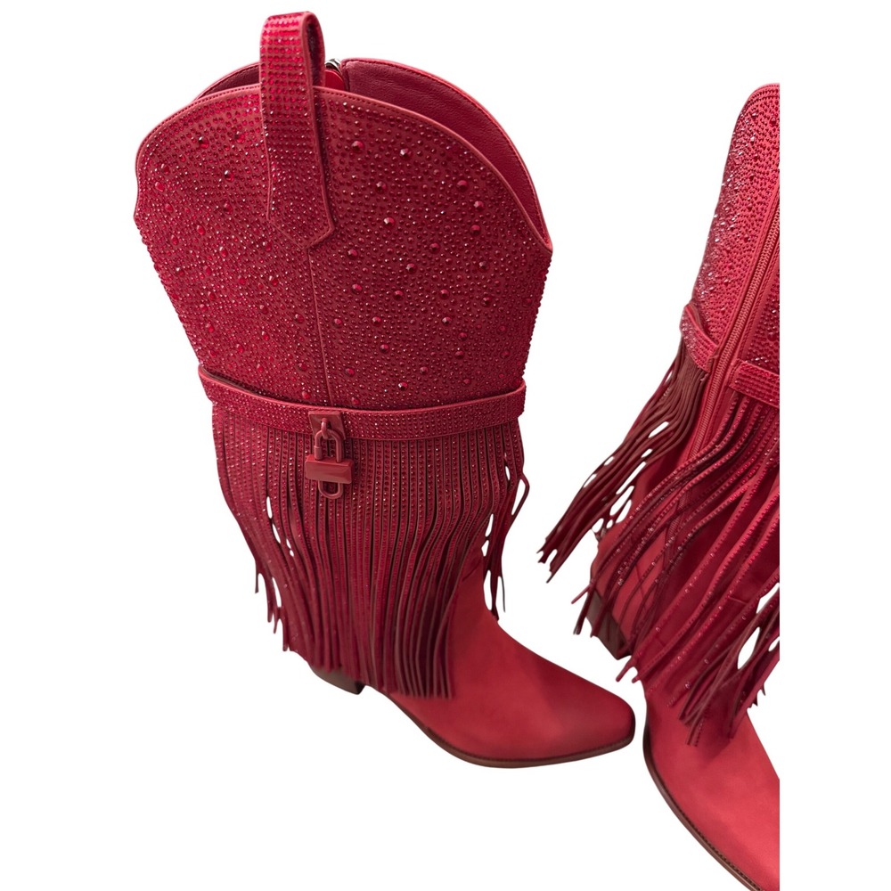 Red Rhinestone Fringe Western Cowgirl Boots Pointed Toe Block Heel Size 8 - Picture 3 of 11